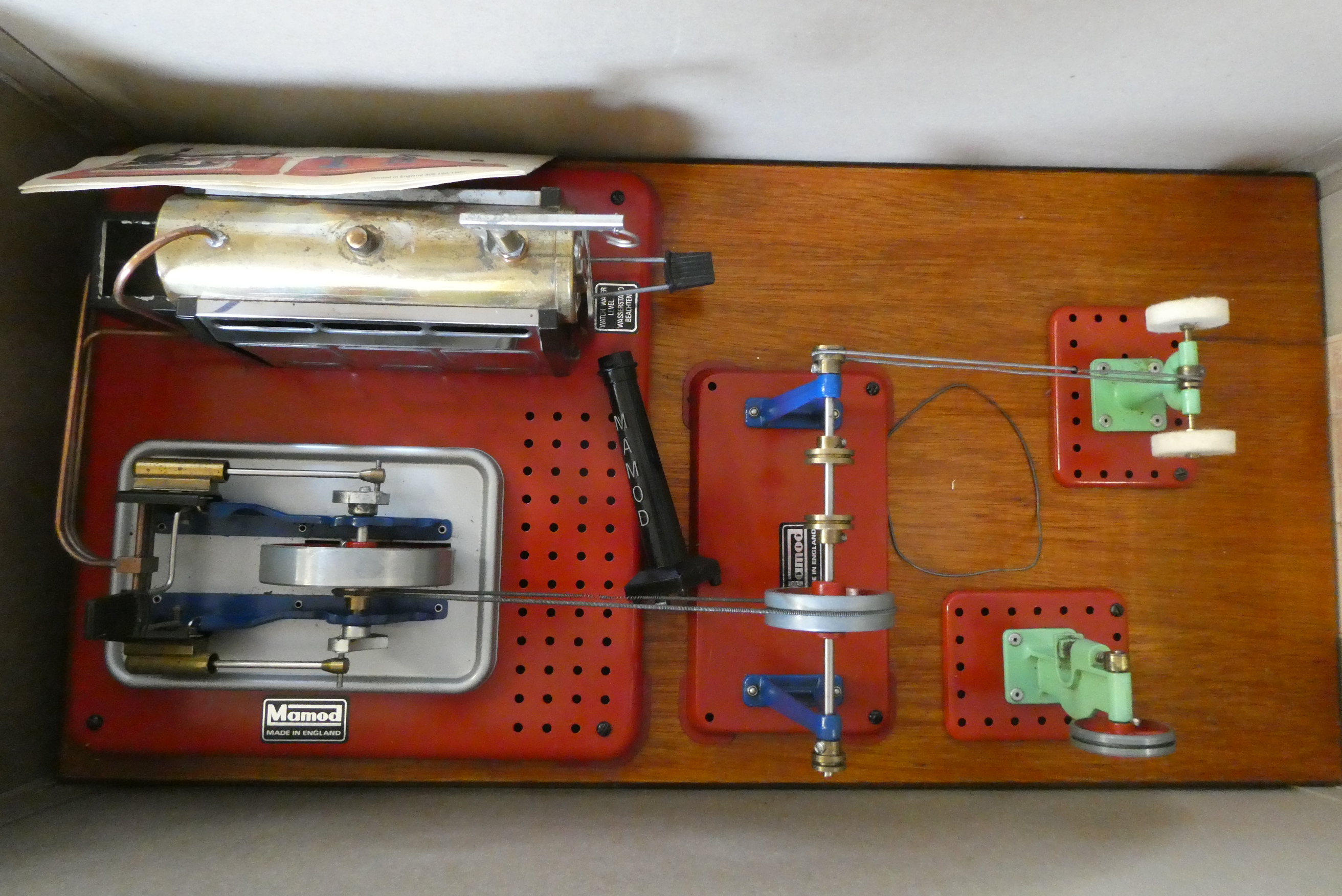 Mamod SP5 steam engine with workshop equipment and line shaft, fixed wooden base, good (Est. plus Image