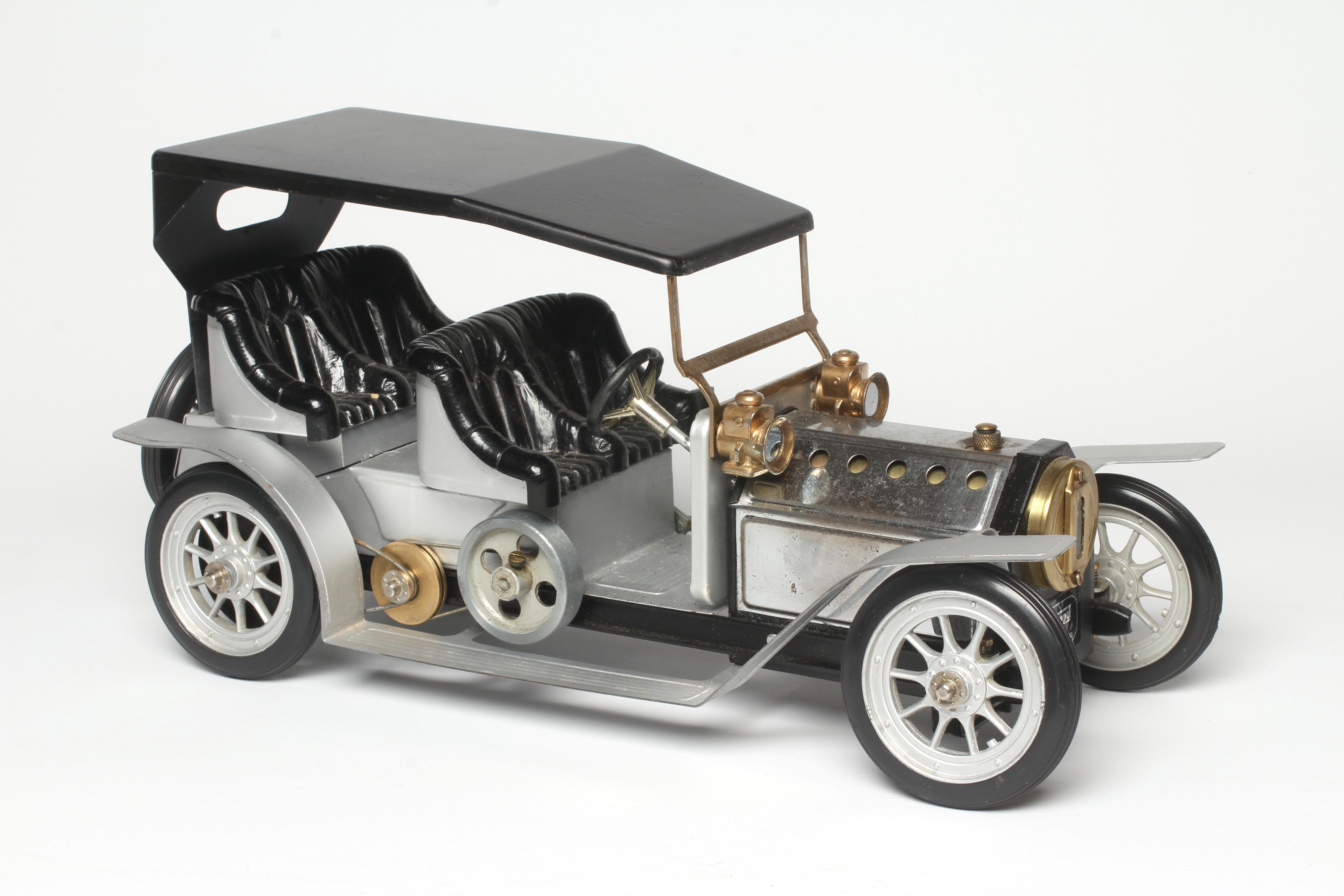 Mamod steam four-seater saloon car, repainted silver and black with removable hood, spirit burner Image