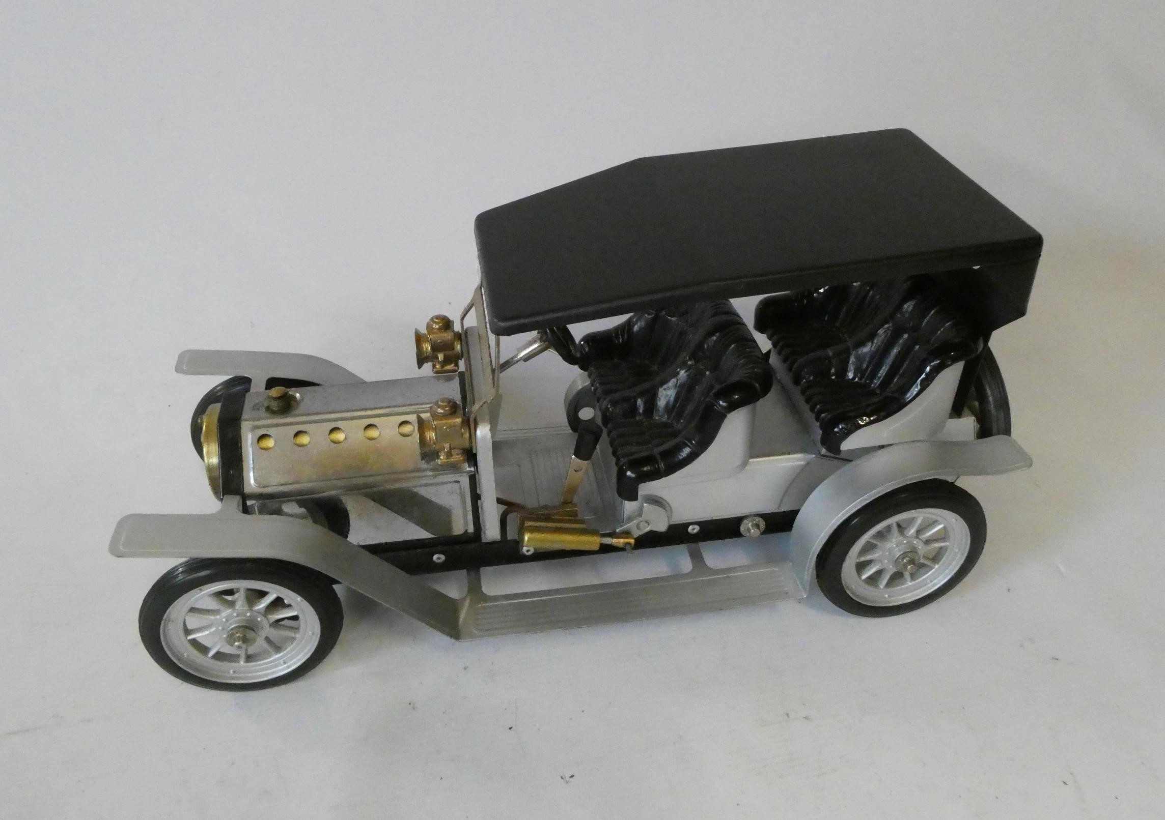 Mamod steam four-seater saloon car, repainted silver and black with removable hood, spirit burner Image