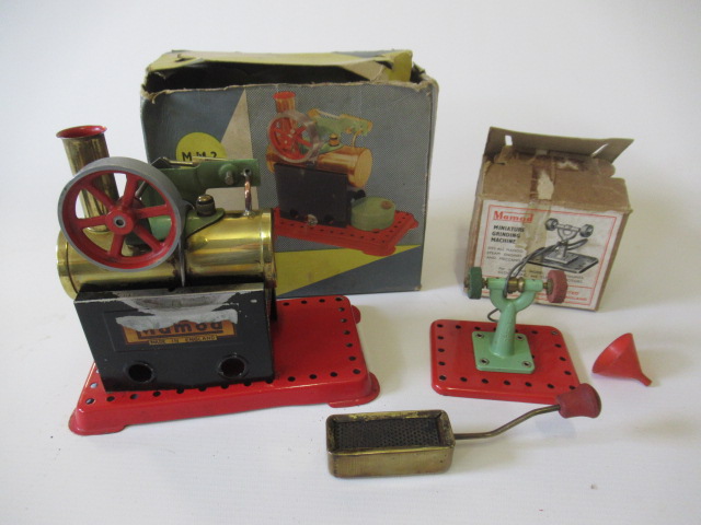 Mamod MM2 spirit fired steam engine, box at fault, model fair and a Mamod grinding stone with poor Image