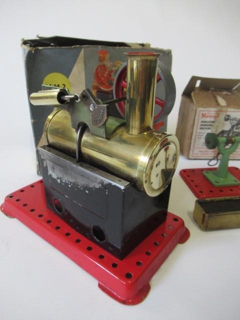 Mamod MM2 spirit fired steam engine, box at fault, model fair and a Mamod grinding stone with poor Image