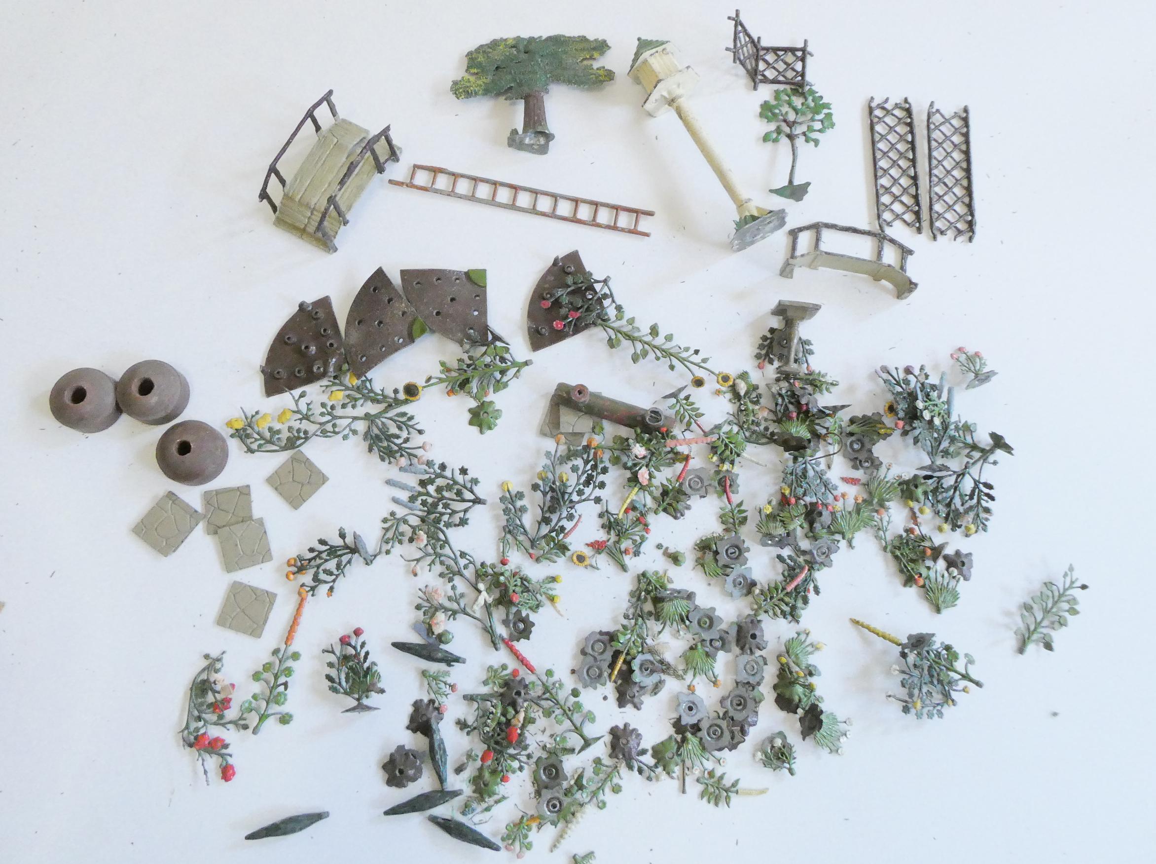 Britains lead garden plants and accessories including flowers, borders and foot bridge, fair to good Image