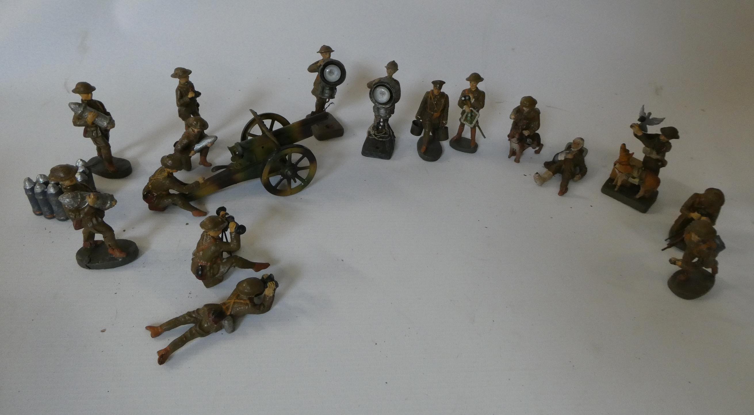 Sixteen Elastolin 80mm composite WW1 British military figures including dog handler Image