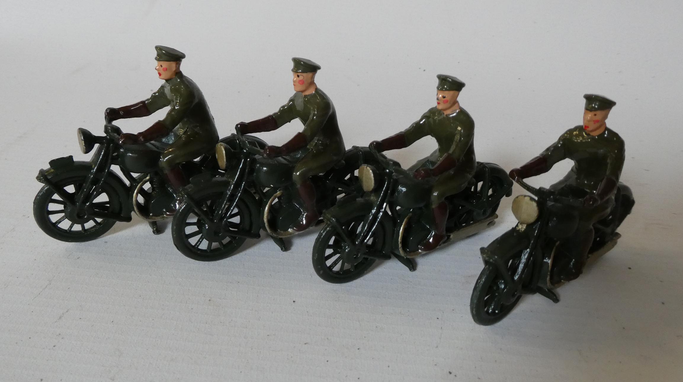 Four Britains WW1 Army motorcycle dispatch riders, all items well repainted (Est. plus 24% premium Image