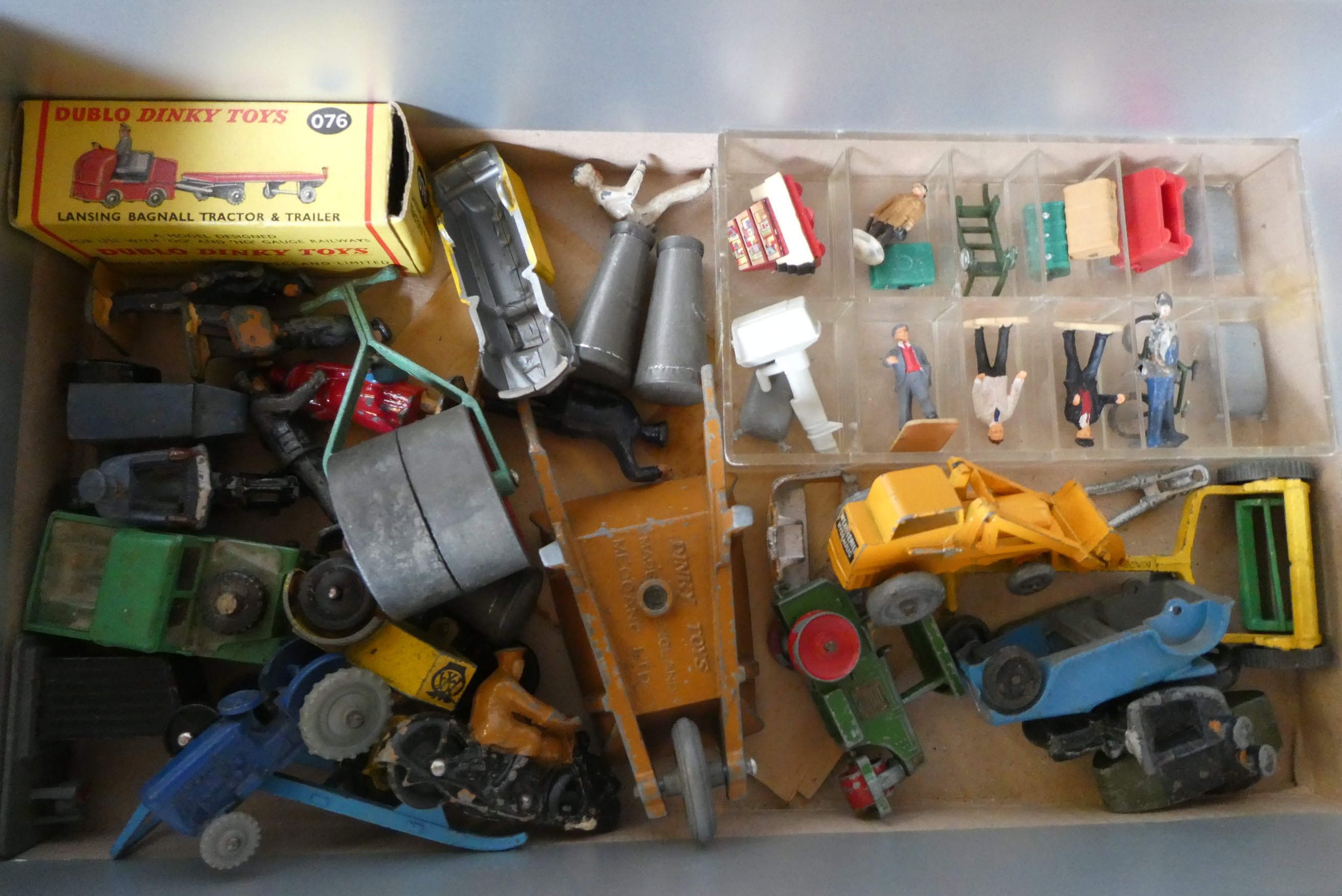 Lead and plastic civilian figures and vehicles including Hornby Dublo station staff, Hornby gauge O Image