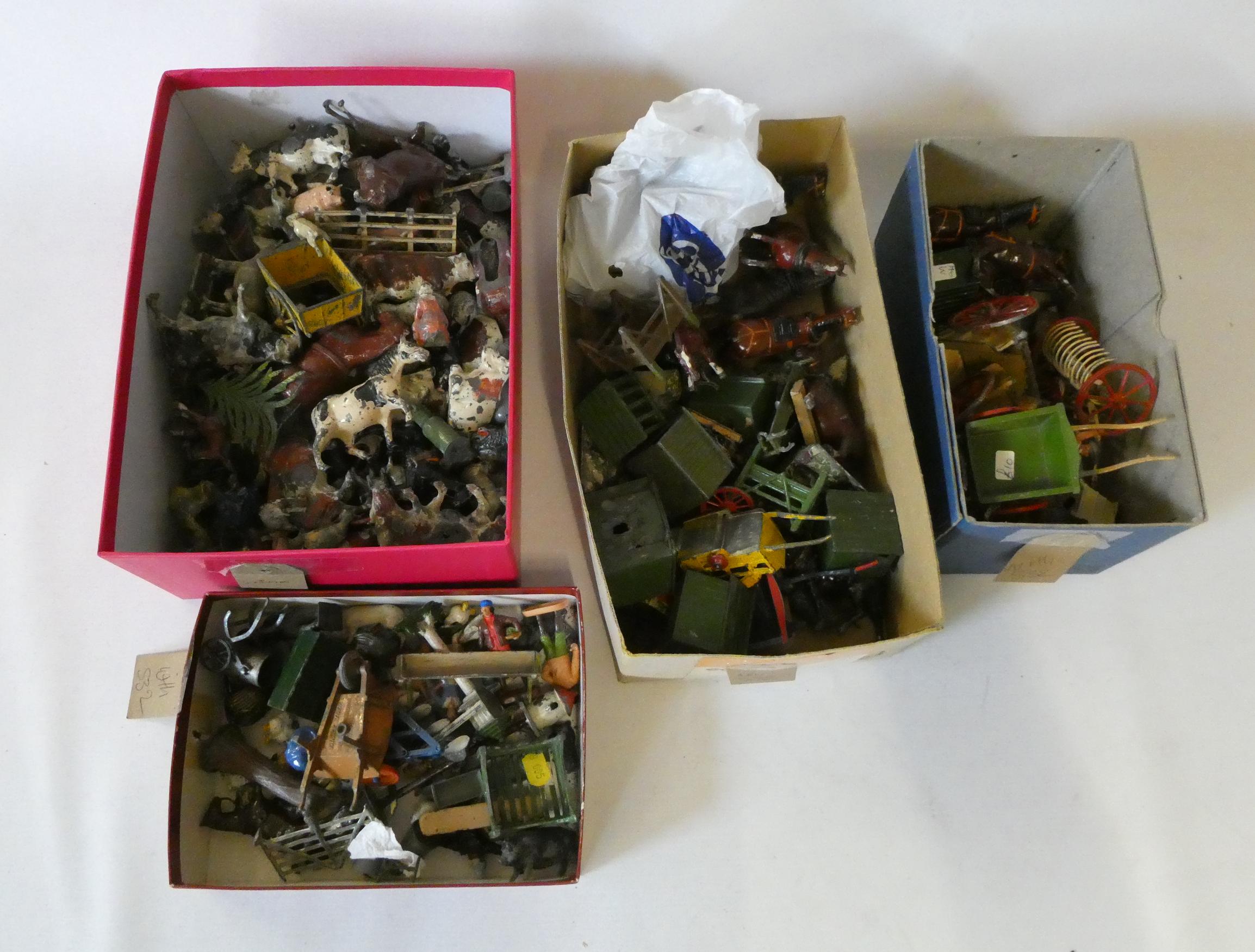 Playworn lead farm figures and equipment by Britains and other makers, most items have paint missing Image