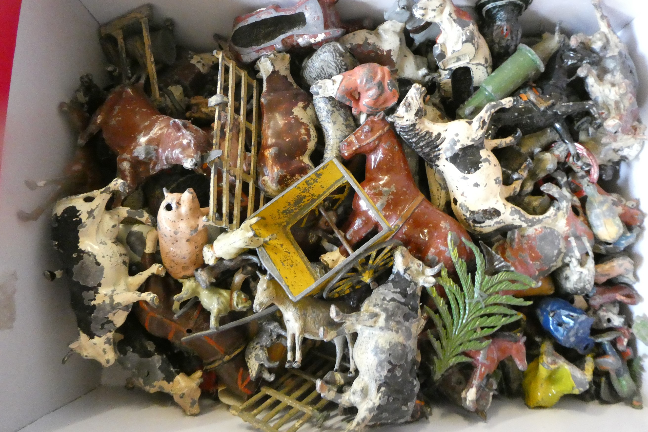 Playworn lead farm figures and equipment by Britains and other makers, most items have paint missing Image