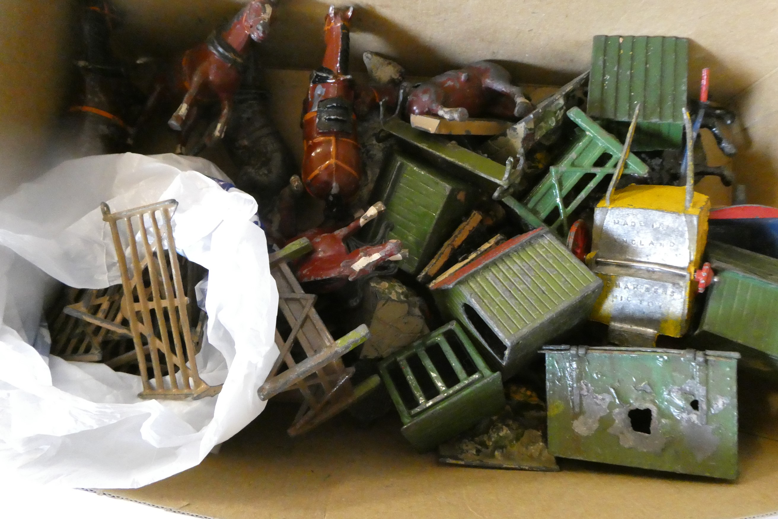 Playworn lead farm figures and equipment by Britains and other makers, most items have paint missing Image