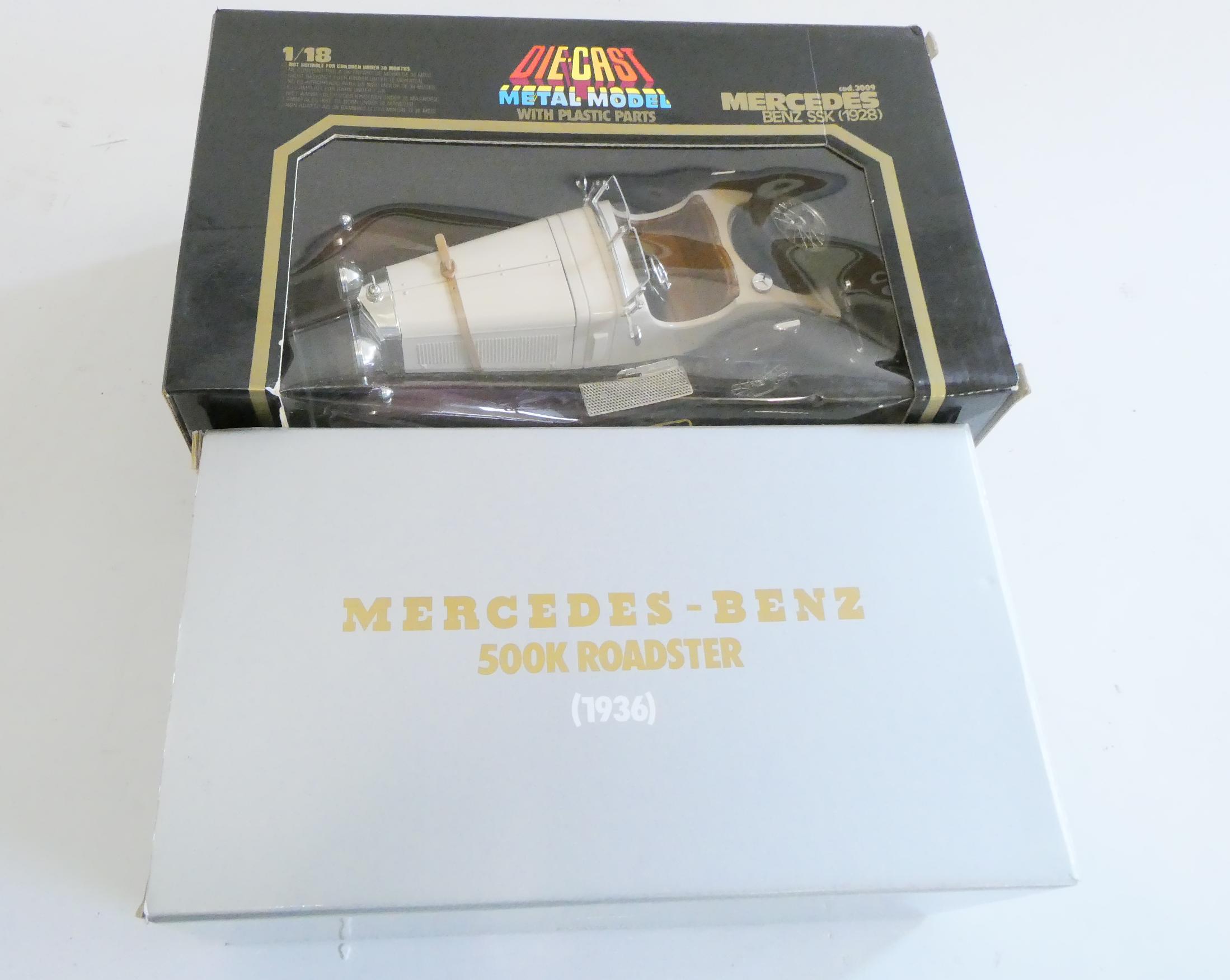 Burago Mercedes Benz 500K roadster and Mercedes Benz SSK, both items boxed, good to excellent (Est. Image