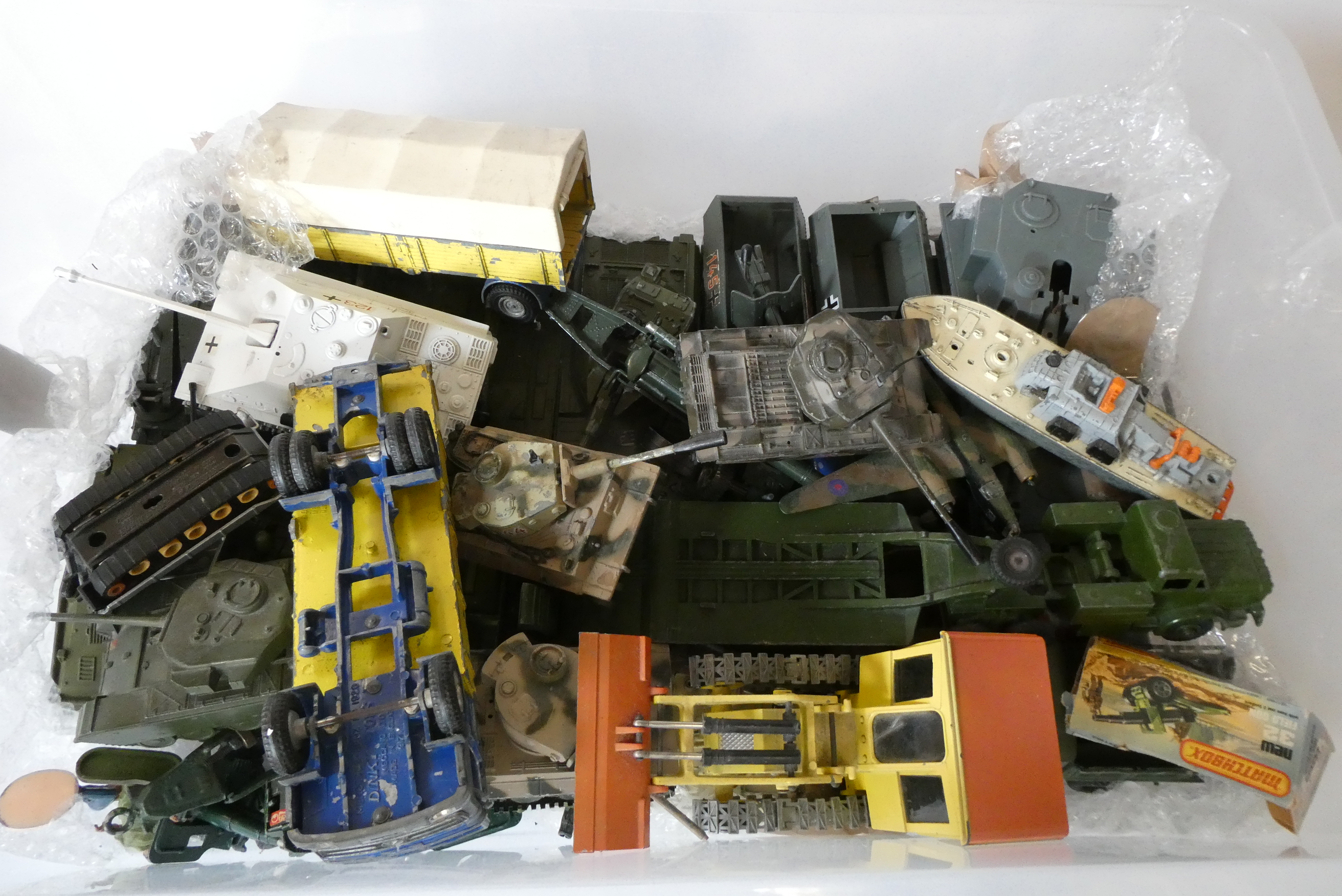 Unboxed playworn vehicles from various makers, most military items including tanks, tank Image