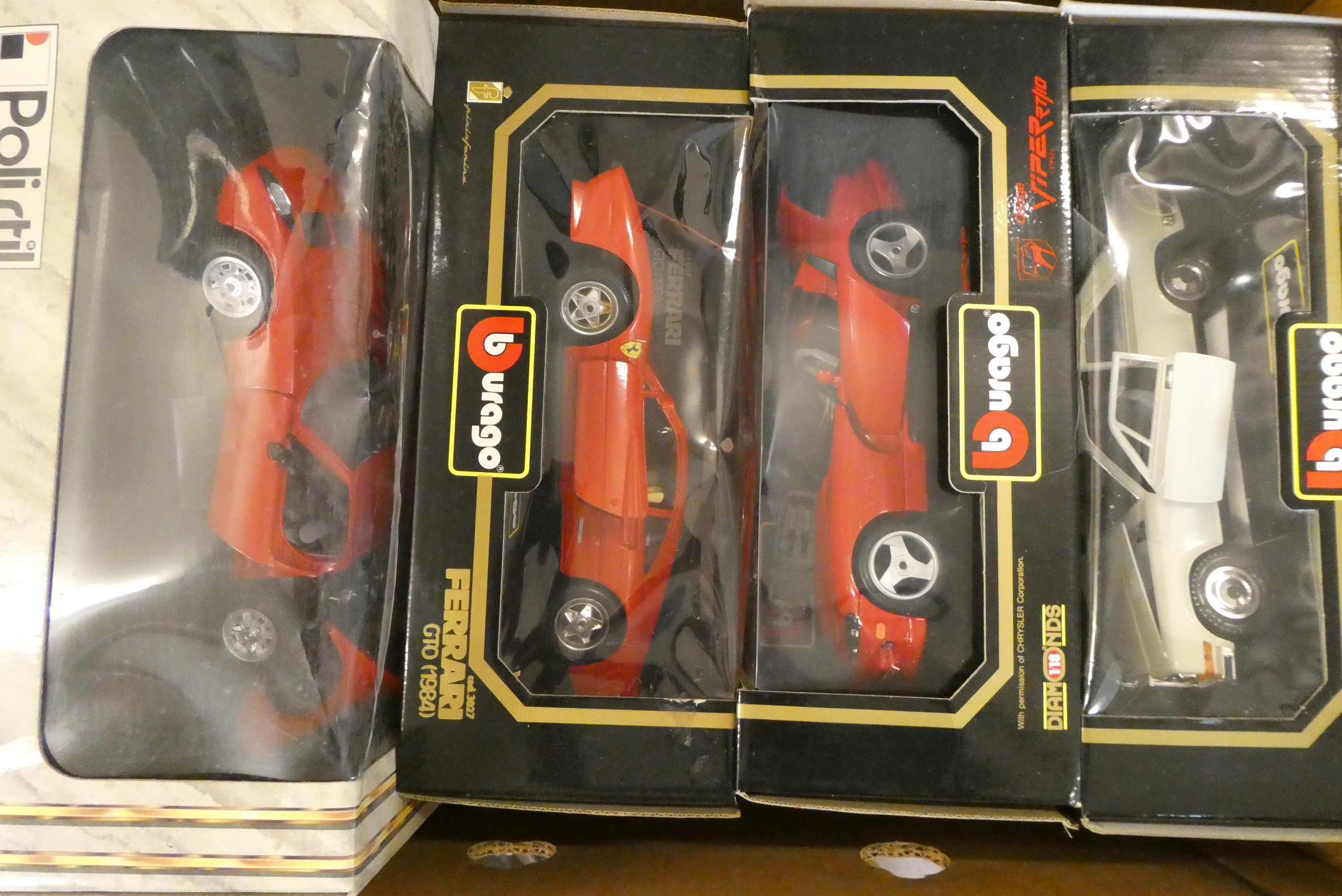 Four 1/18 scale classic cars by Burago including Ferrari, Roll Royce and Dodge, all items boxed, Image