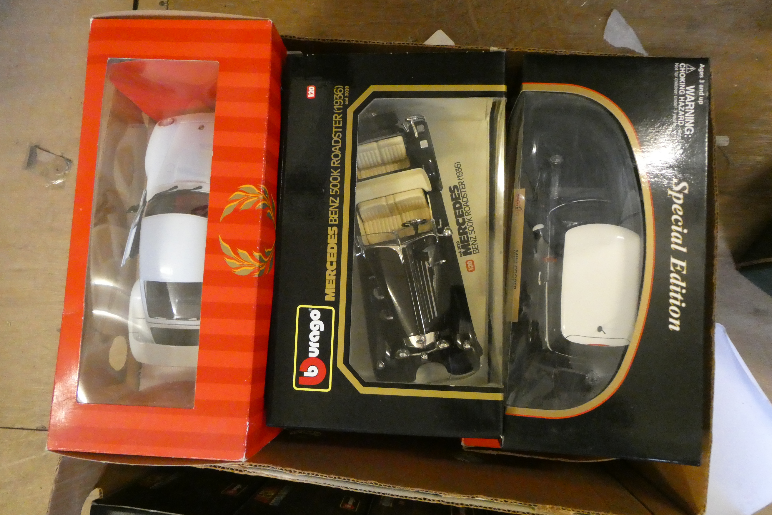 Six 1/18 scale classic cars by Burago and Tonka including Mercedes, Mini and MG, all items boxed, Image