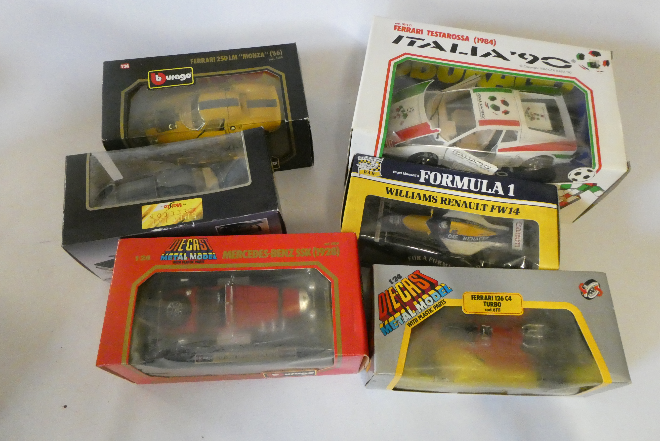 Large scale classic cars by Burago and others including race cars and Ferrari, all items boxed, good Image