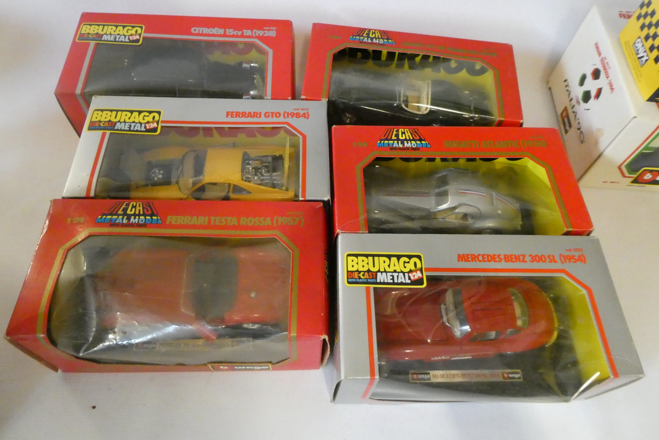 Large scale classic cars by Burago and others including race cars and Ferrari, all items boxed, good Image