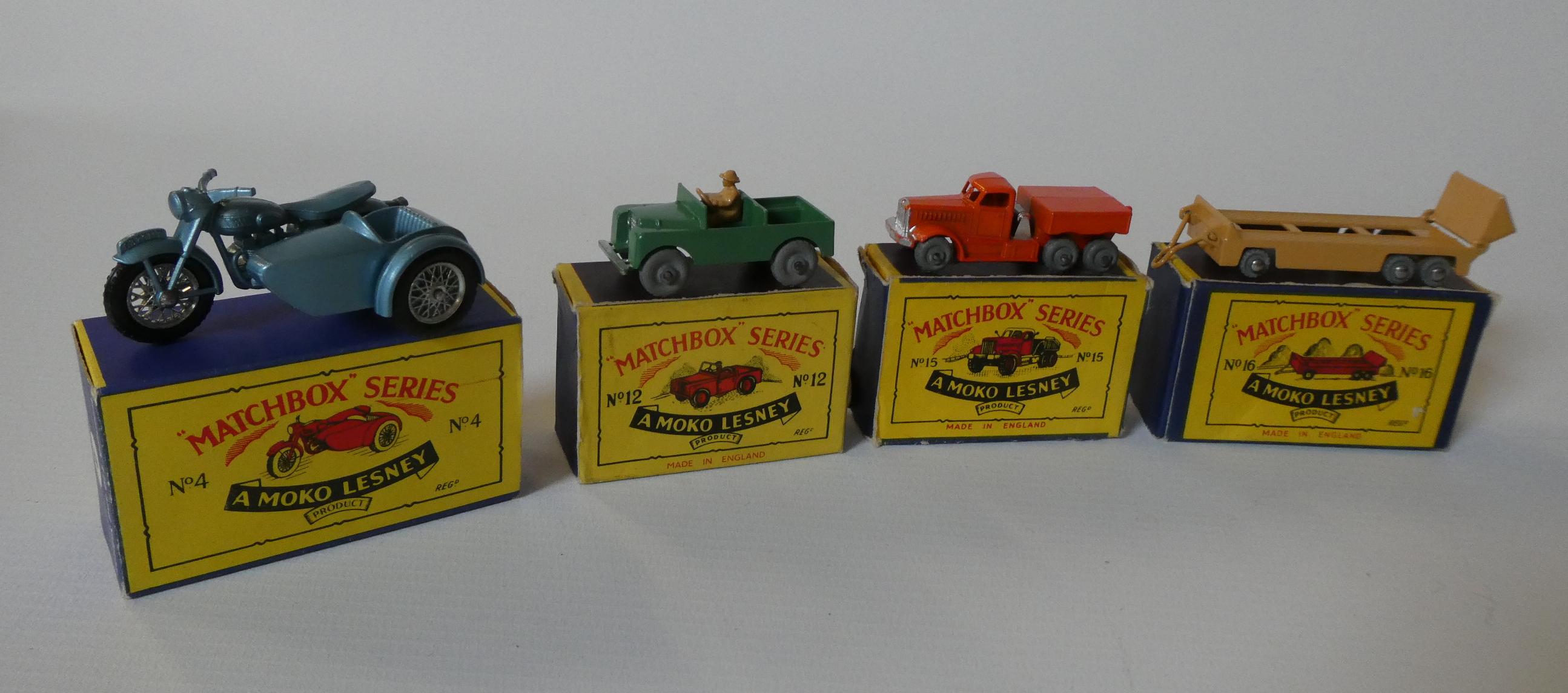 Matchbox Moko No 4 Triumph and Sidecar, No12 Land Rover, No5 Prime Mover and No16 Transport Trailer, Image