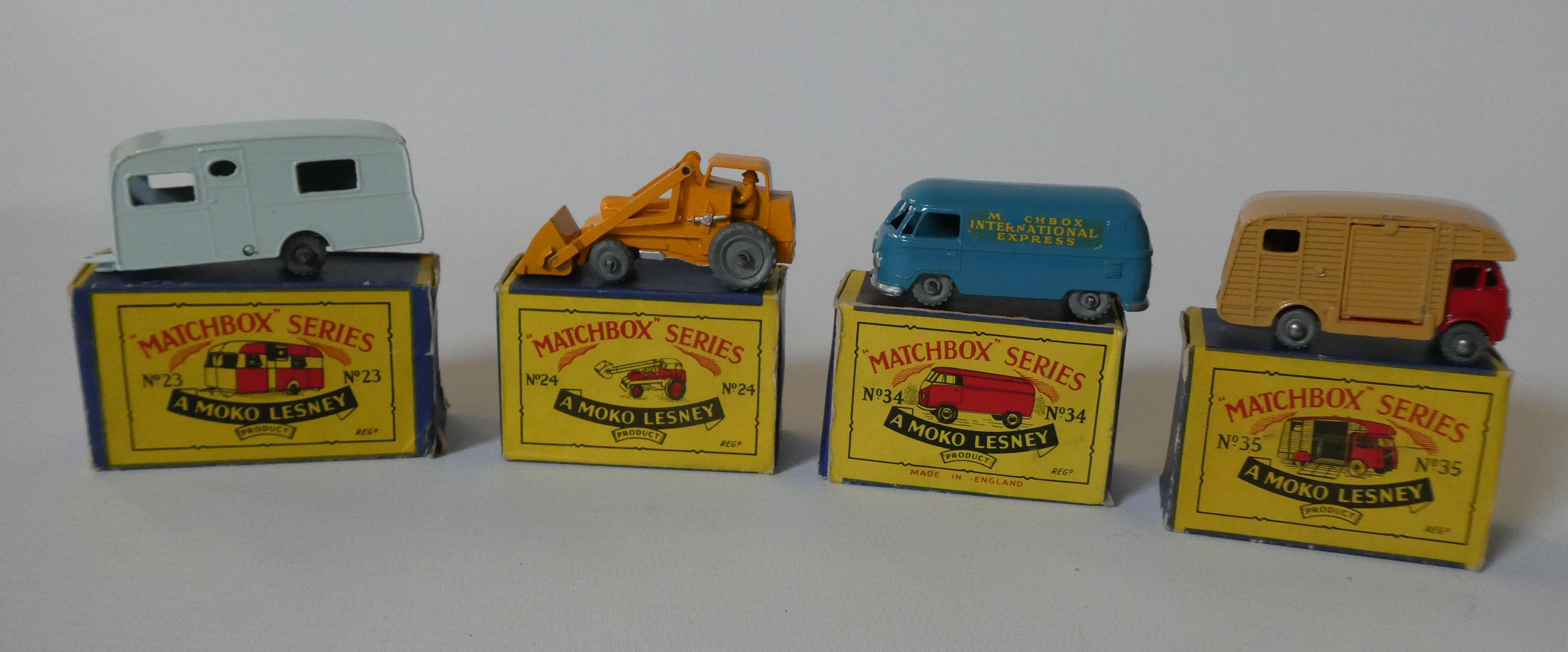 Matchbox Series No23 Berkeley Caravan, No 24 Excavator, No34 VW Van (some transfer damage) and No 35 Image