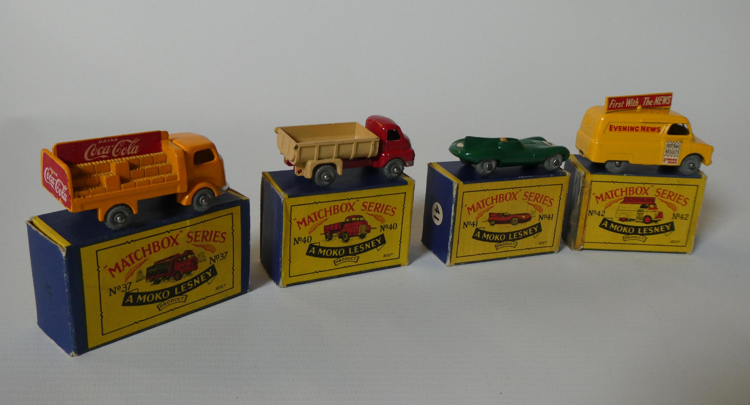 Matchbox Moko No37 Karrier Bantam, No40 Bedford Tipper, No41 Jaguar D type and No24 News Delivery Image