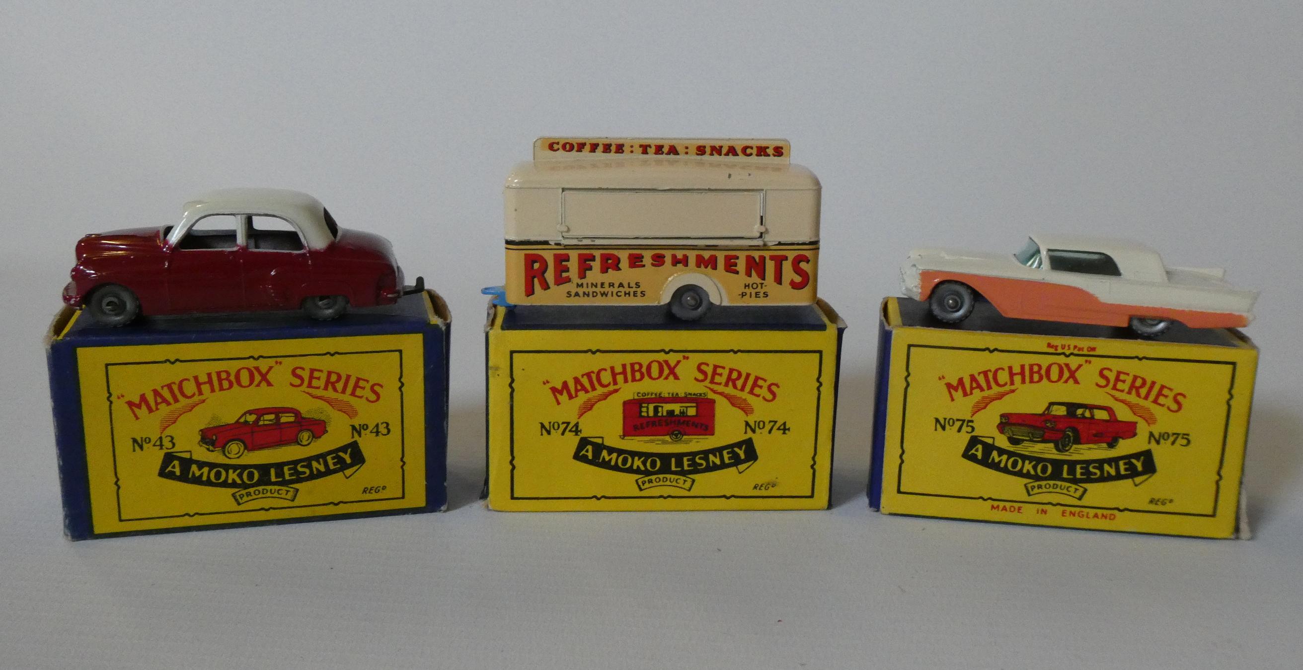 Matchbox Moko No43 Hillman Minx, No74 Mobile Canteen and No75 Ford Thunderbird, boxes good+, models Image