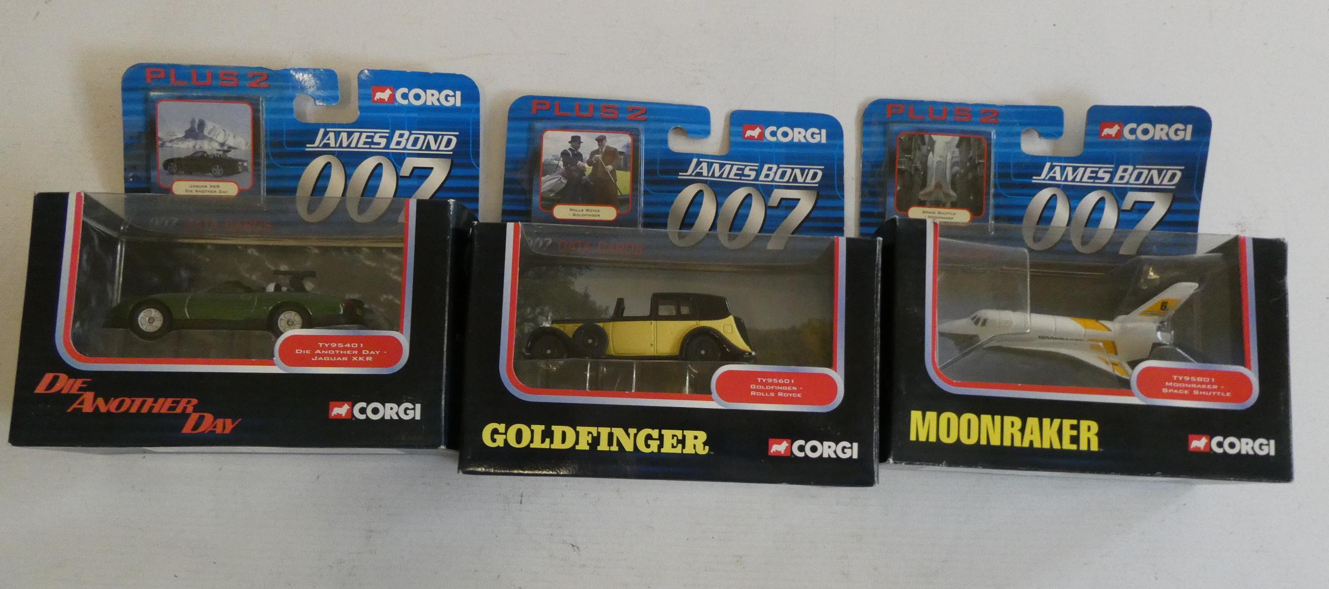 Corgi James Bond vehicles comprising Moon Raker Shuttle, Gold Finger Rolls Royce and Jaguar XKR, all Image