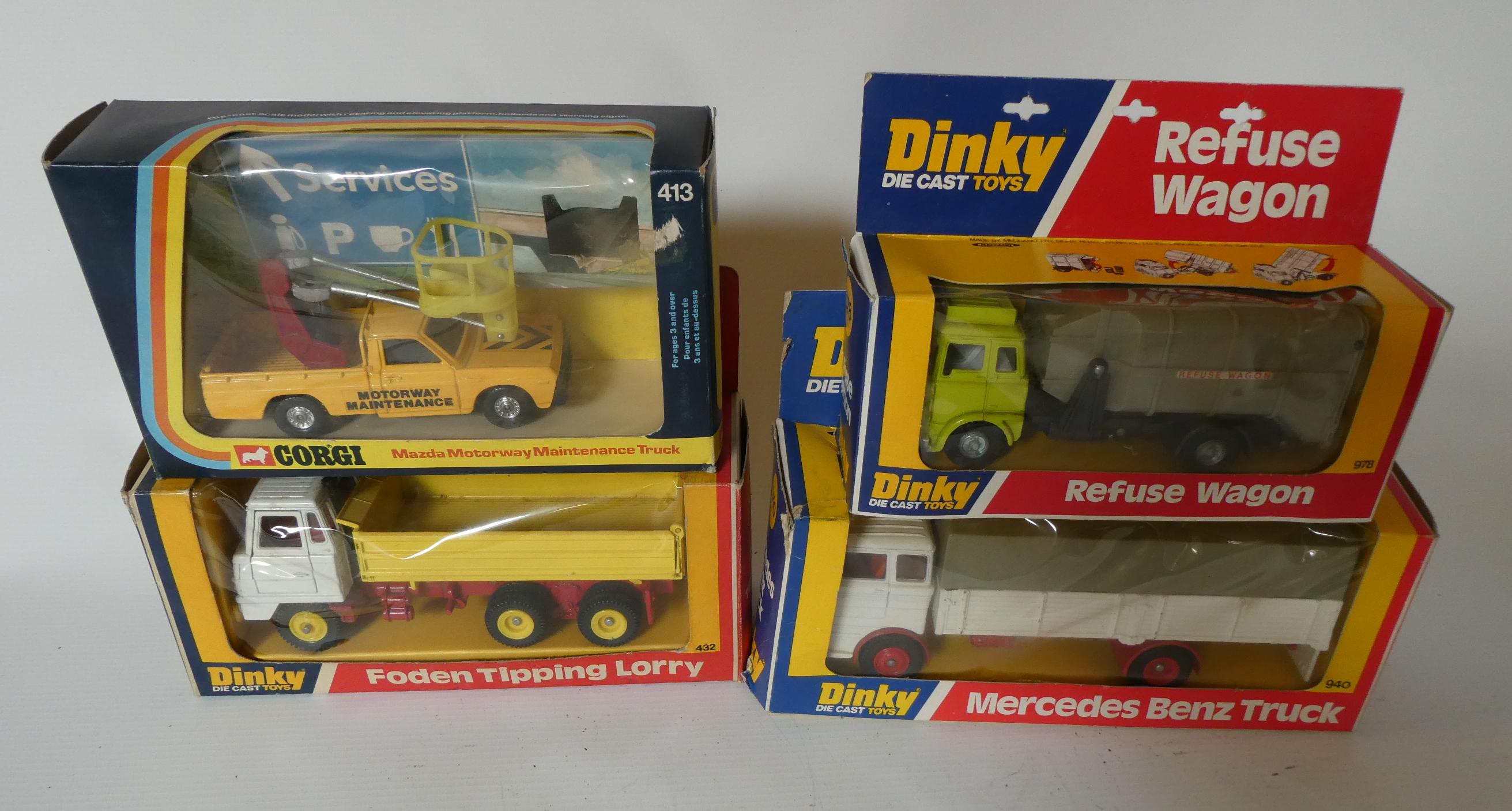 Four Corgi commercial vehicles 413 Mazda motorway maintenance truck, 940 Mercedes Benz truck, 178 Image