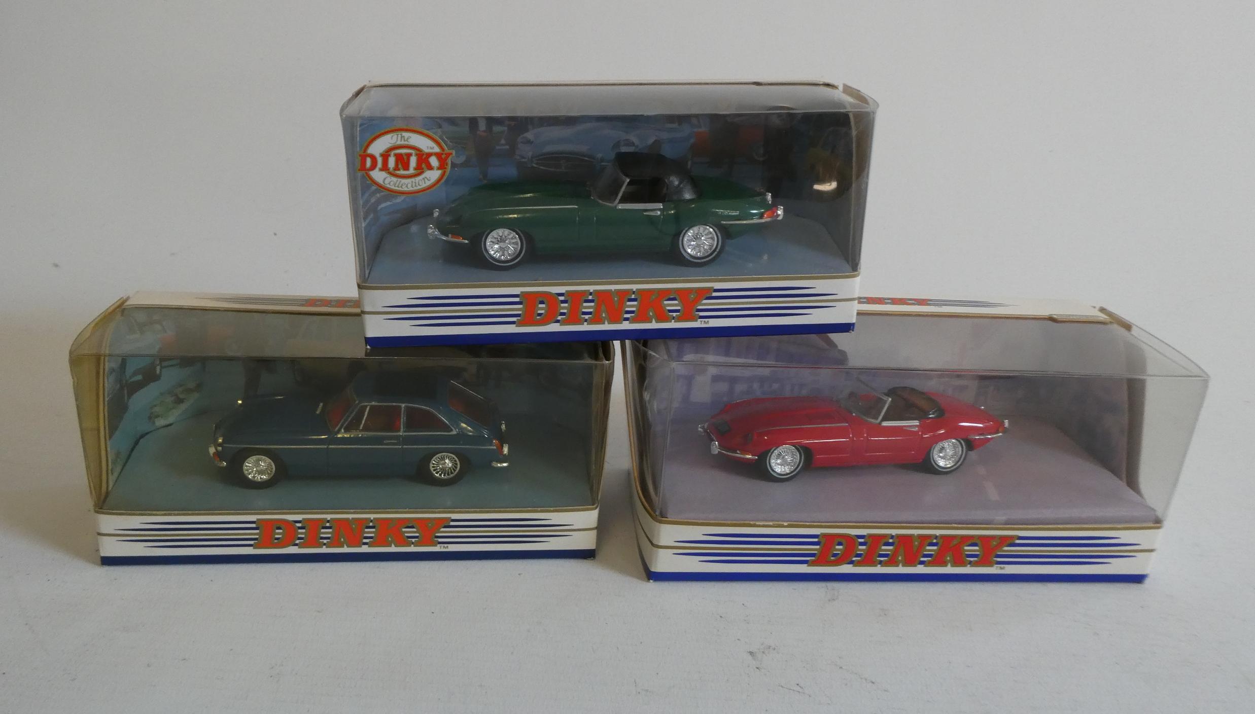 Three late issue Dinky sports cars comprising 2x Jaguar E Type and MGB, all items boxed, excellent Image
