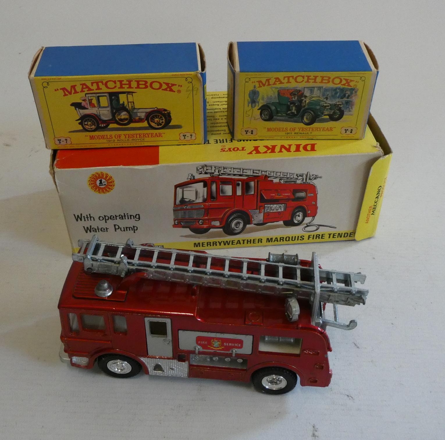 Dinky Merryweather Fire Engine, box AF, model fair, and two Matchbox vintage cars Y7 Roll Royce and Image
