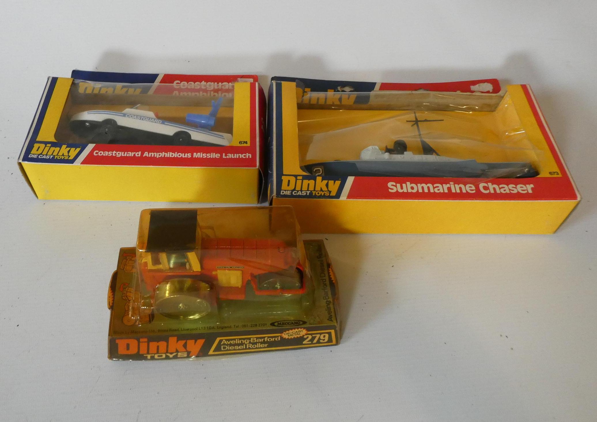 Dinky 279 diesel Road Roller, 674 Coast Guard Amphibious missile launcher and 673 Submarine Chaser, Image