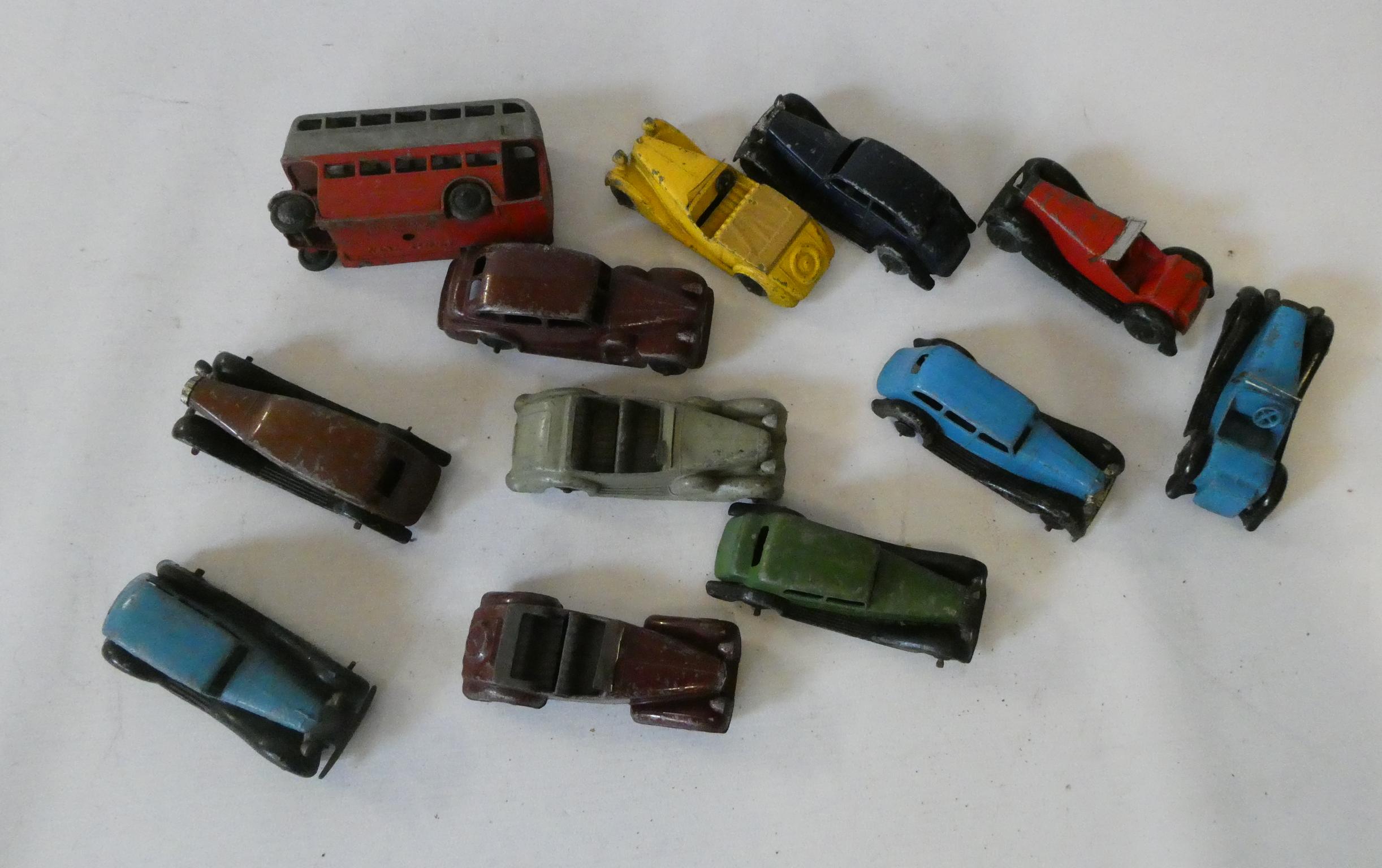Unboxed playworn Dinky cars including early post war saloons and bus, poor (Est. plus 24% premium Image