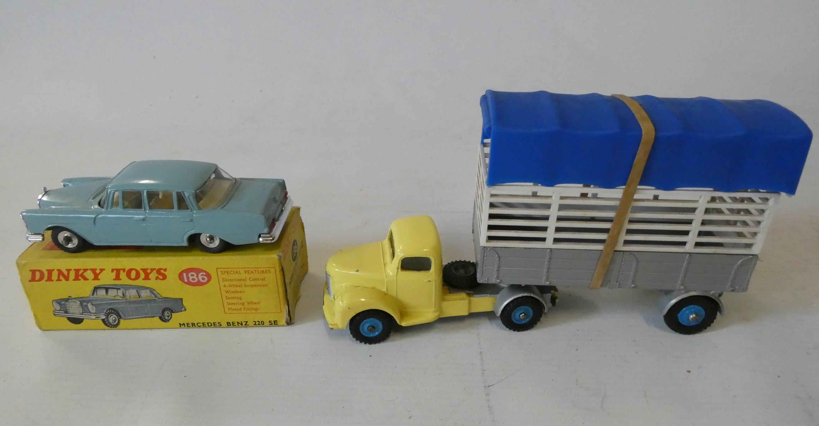 Dinky Mecedes 220 E, box faulty, model good and comer truck and farm trailer, excellent (Est. plus Image