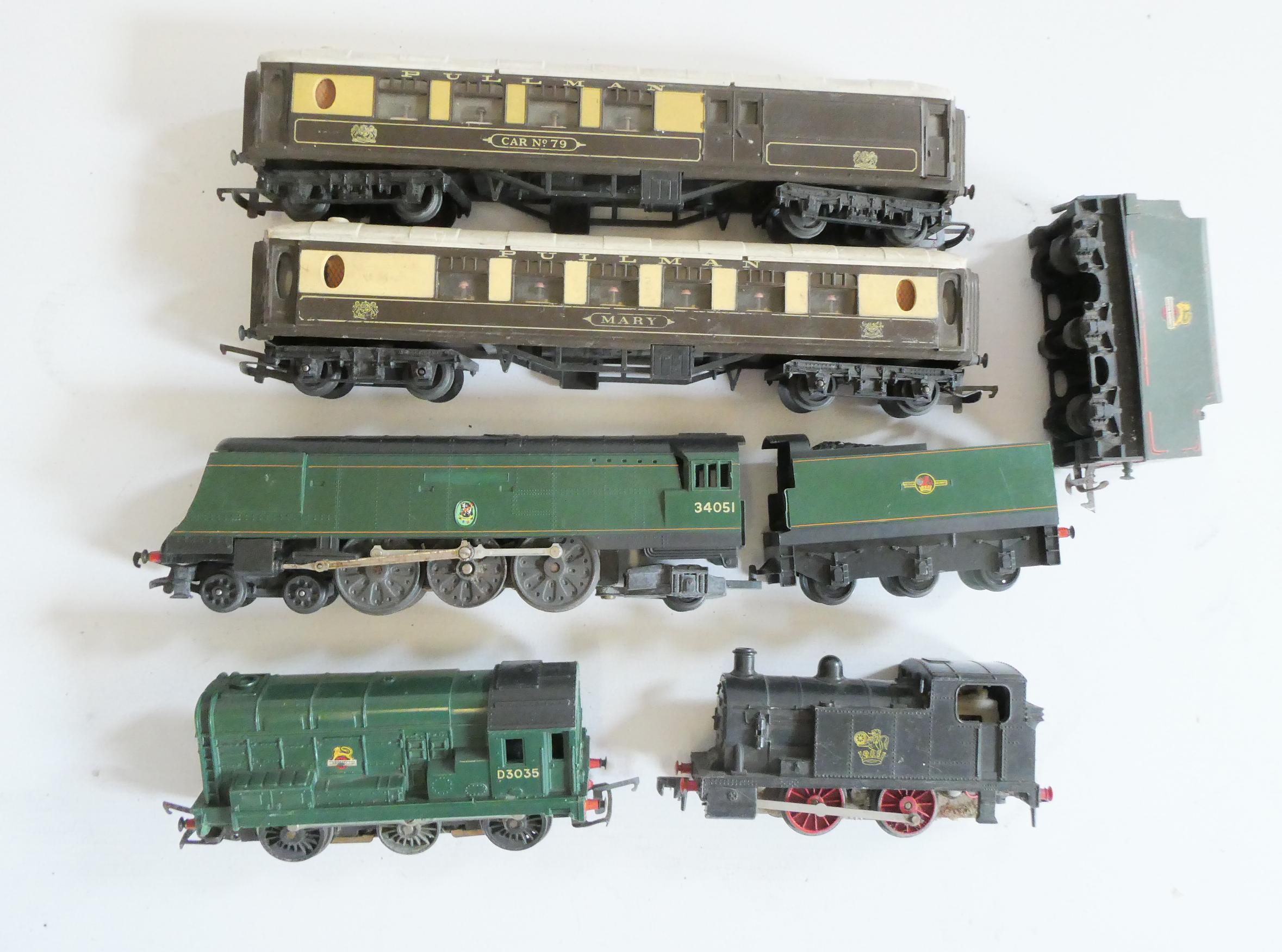 Unboxed trains by Triang Hornby including 08 Diesel, West Country Class, 0-4-0 tank and two Pullman Image