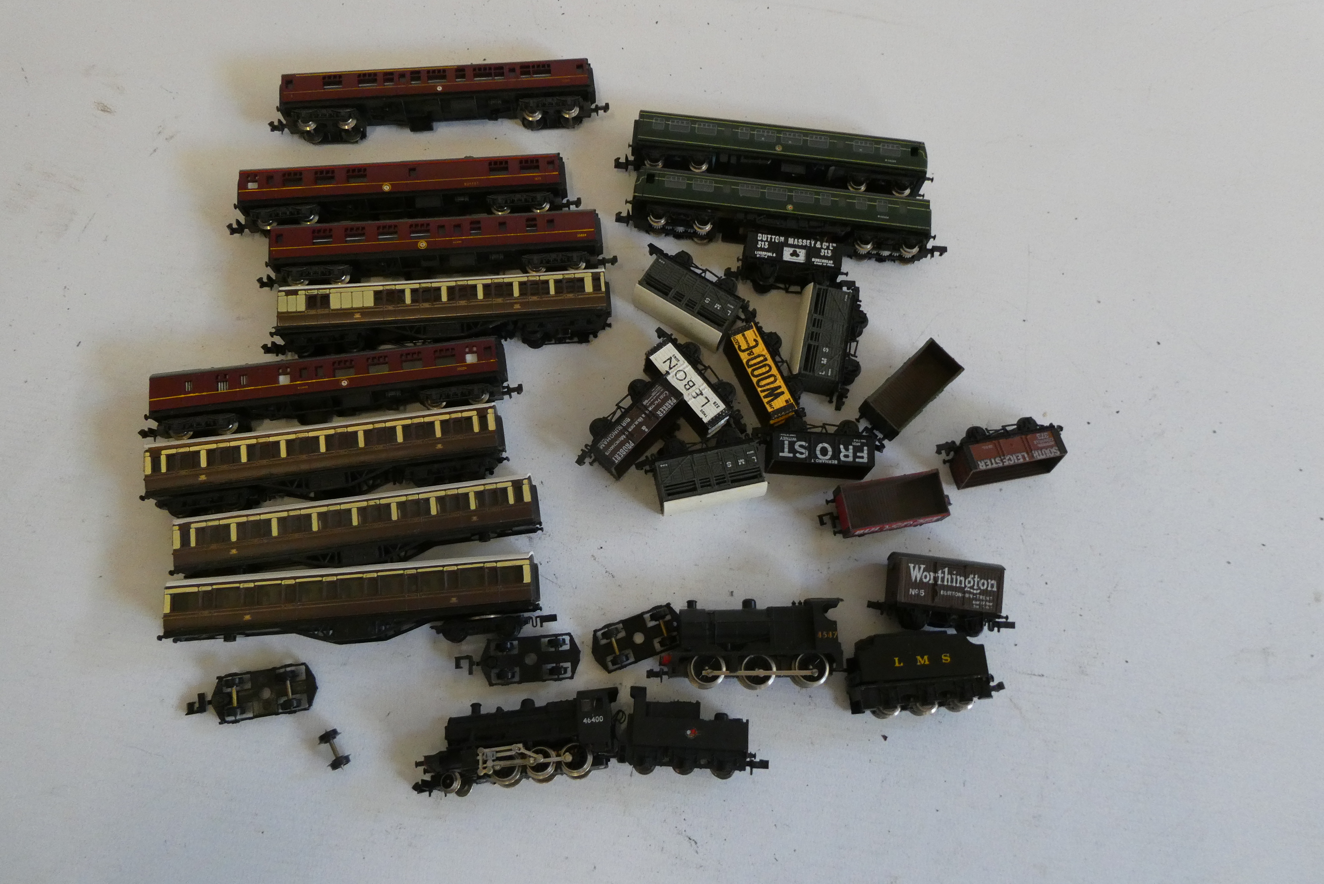 Unboxed N Gauge railway models by Lima and others including BR Class 2 locomotive, LMS 4F Image