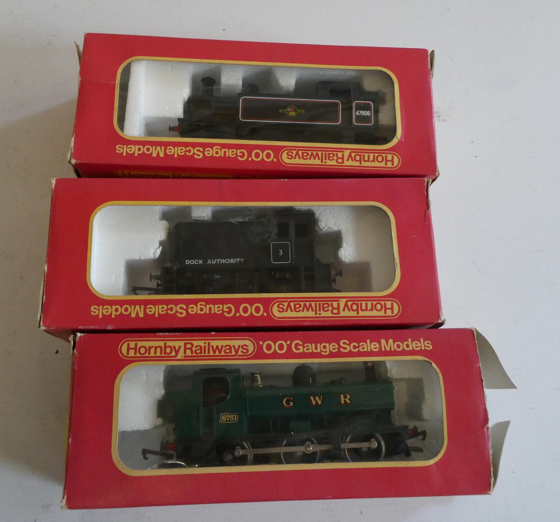 Three Hornby Margate locomotives comprising BR Jinty Tank, GWR Pannier Tank and black Dock shunter, Image