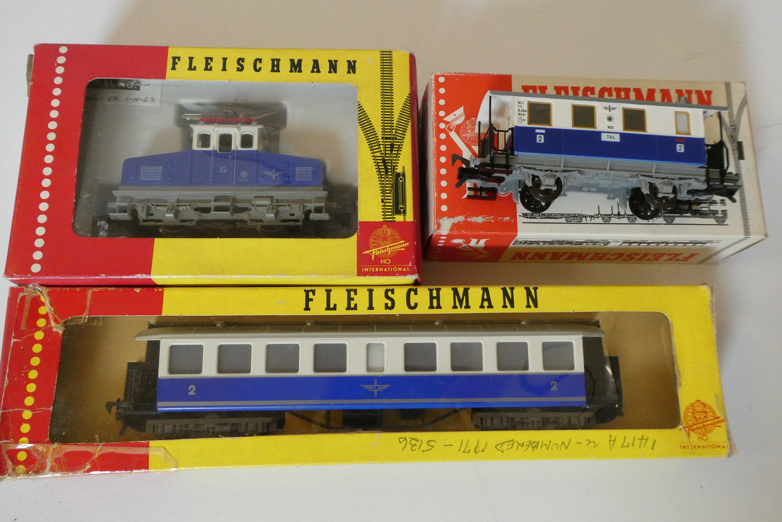 Fleischmann Steeple Cab Rack locomotive in blue and white with second class bogie coach and Image