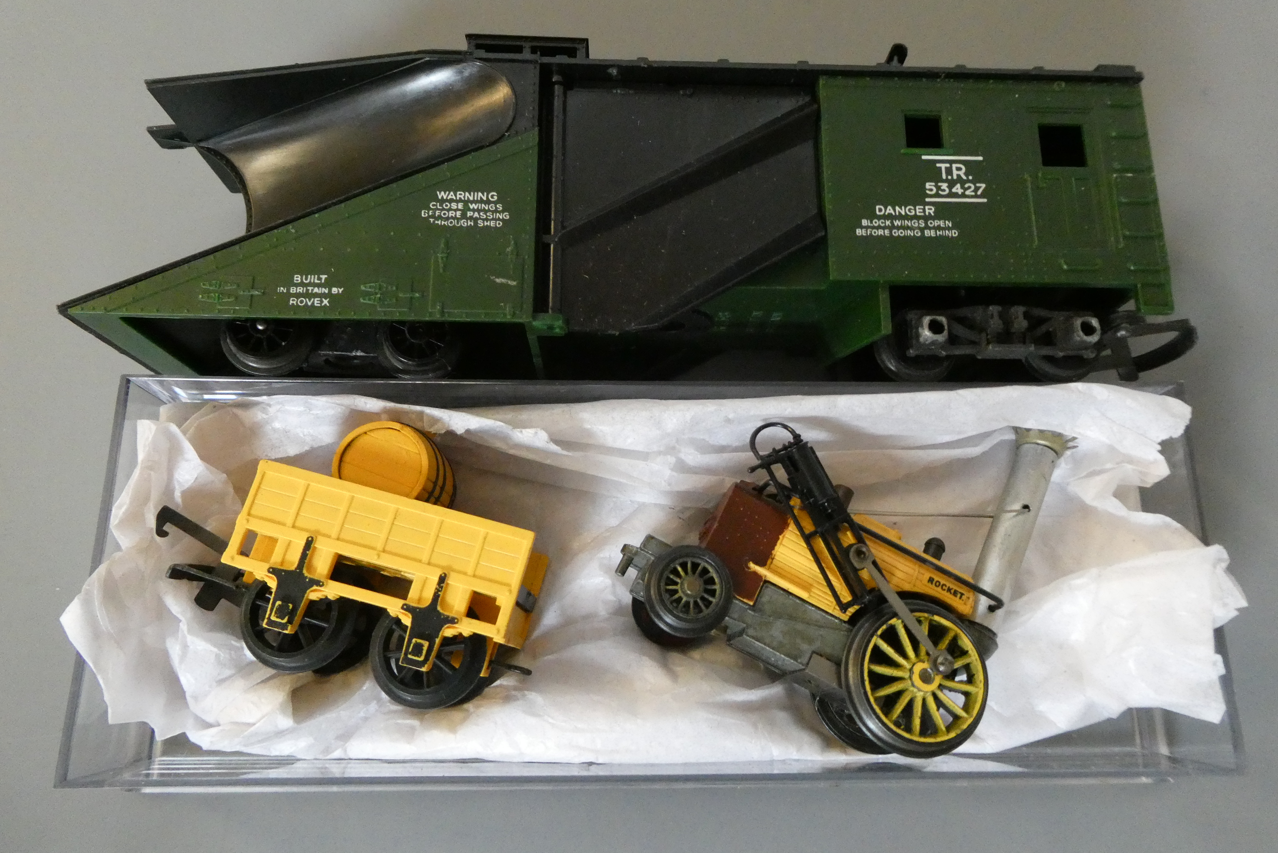 Triang unboxed Stephensons Rocket locomotive with driver and Fireman and Triang snow plough in Image
