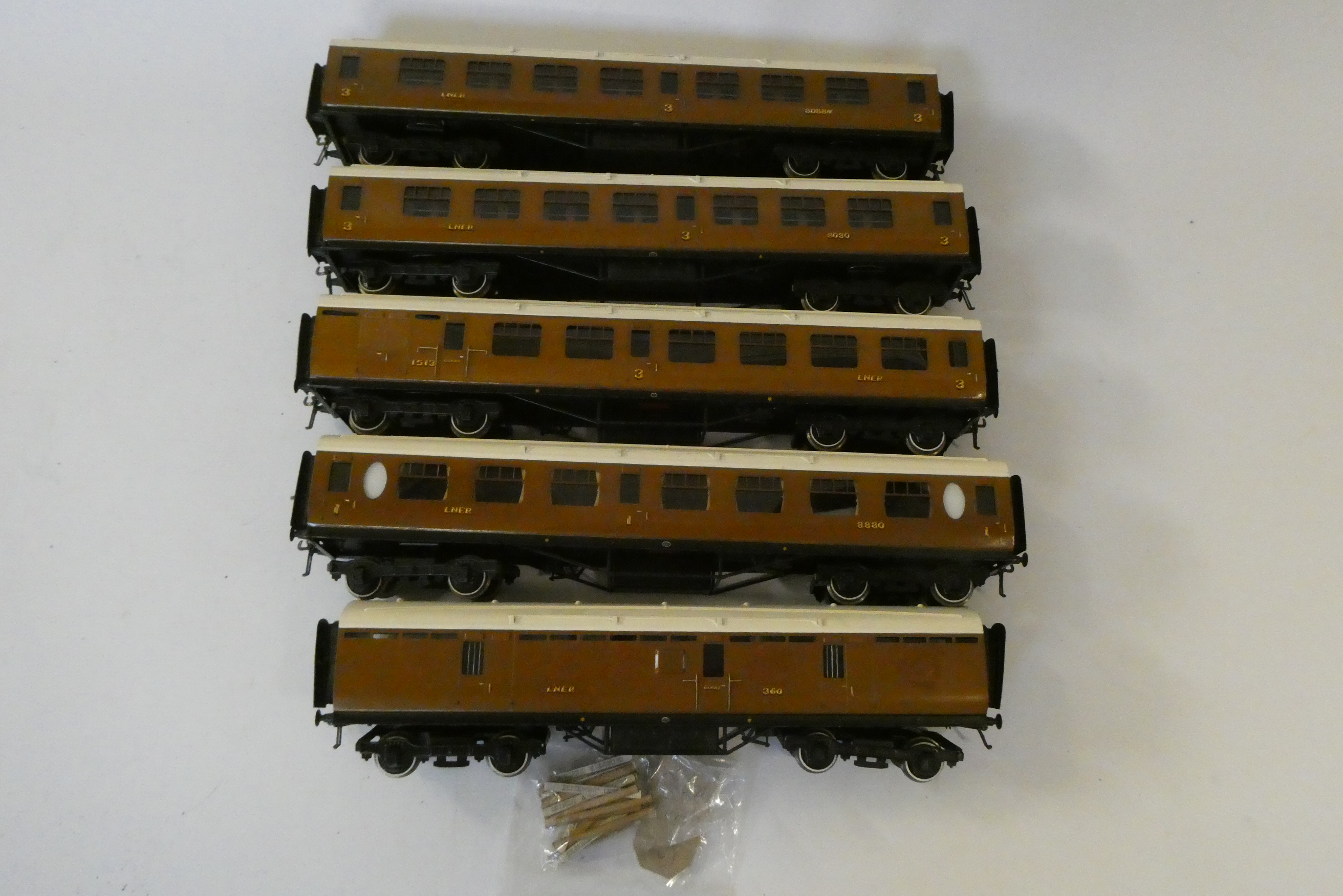 Five Exley K6 LNER Teak bogie coaches. All items have some additional painting Image