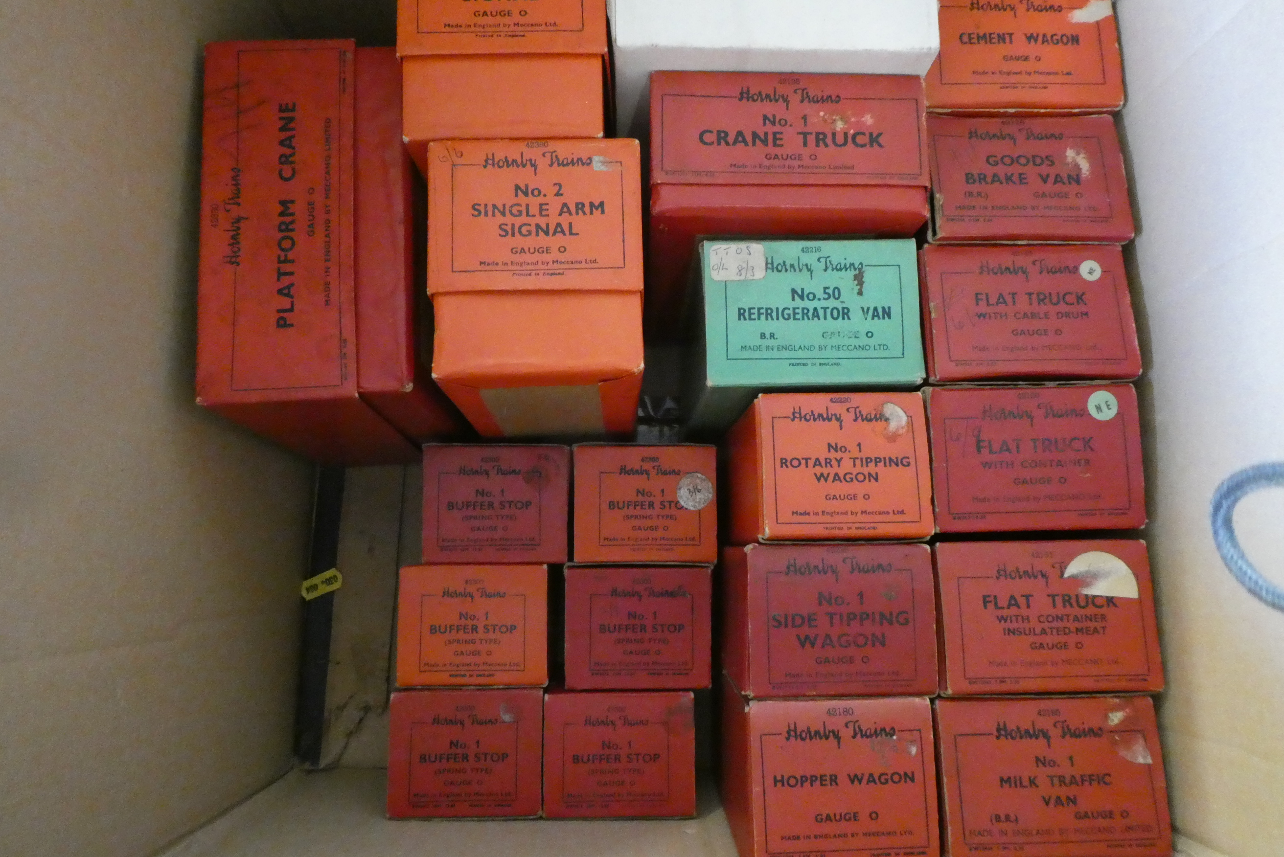 Post war Hornby goods rolling stock and accessories including flat trucks Image