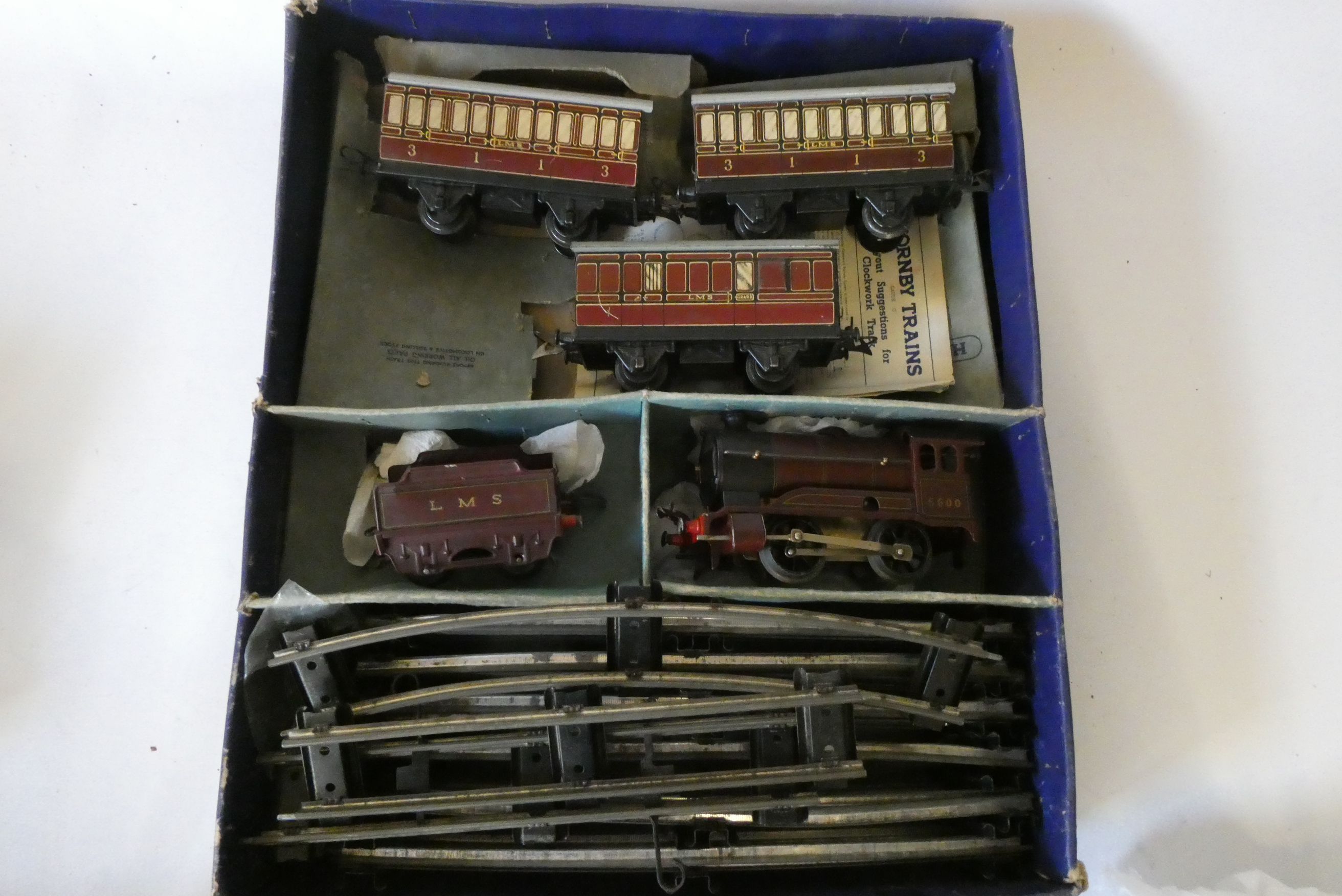 Hornby clockwork LMS passenger set with Type 501 locomotive, three coaches and track and a clockwork Image
