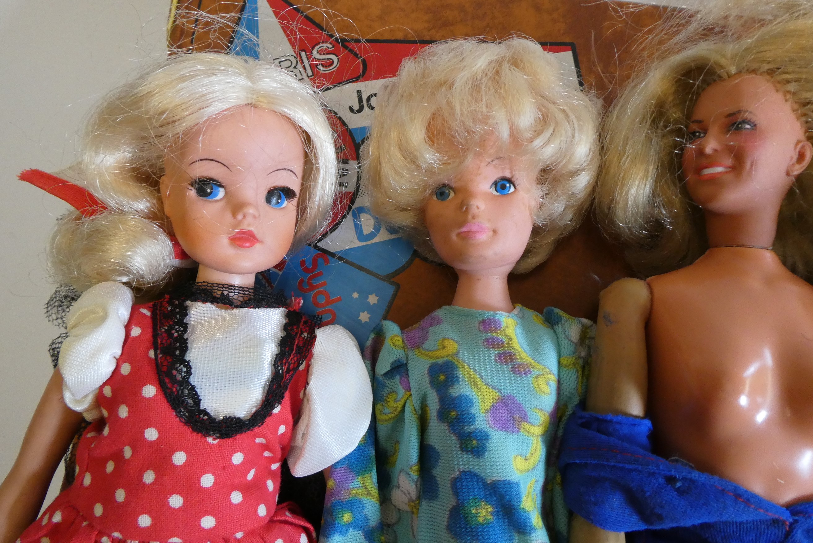 Seven Sindy dolls with two carrying cases and a quantity of clothing, together with another doll by Image