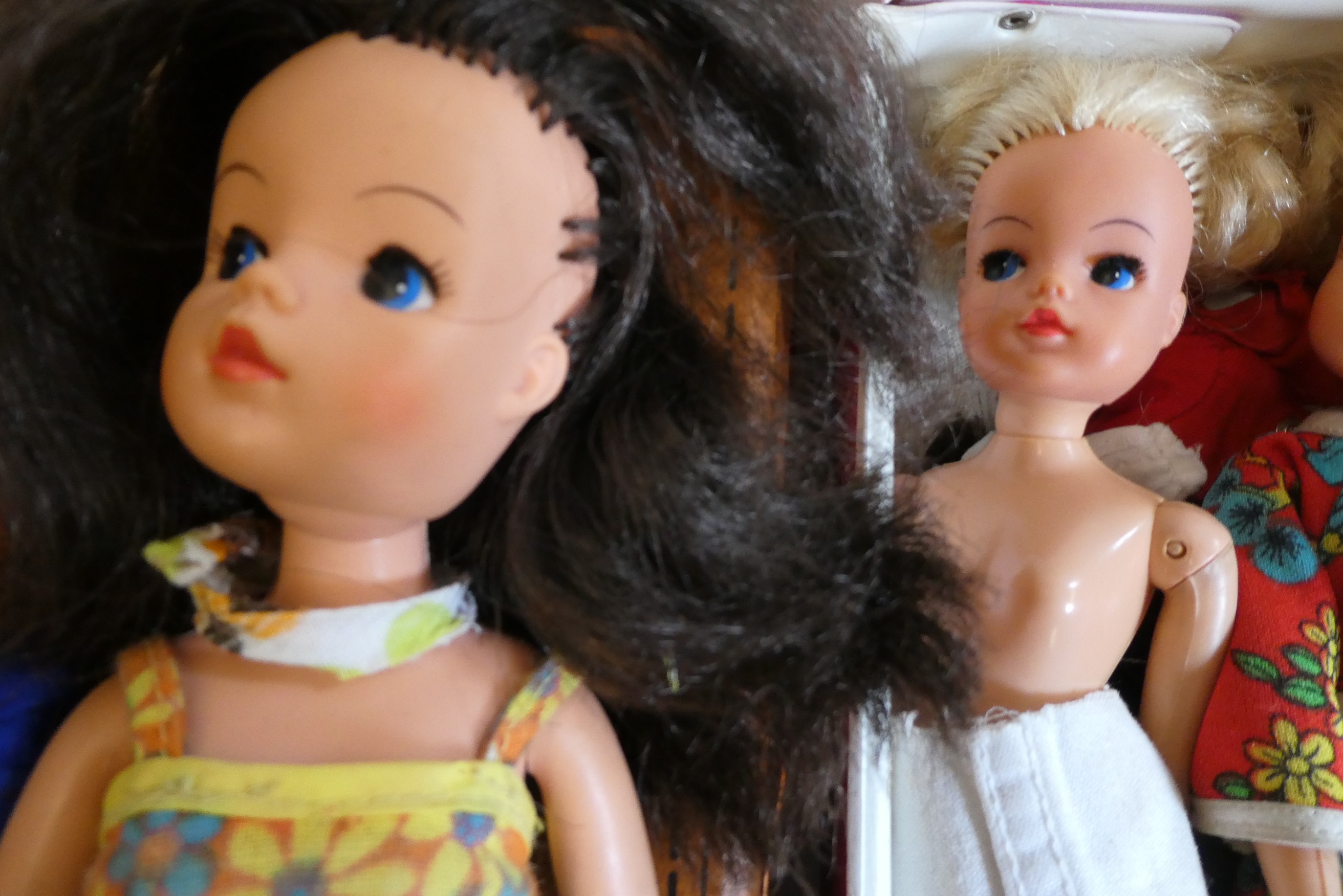 Seven Sindy dolls with two carrying cases and a quantity of clothing, together with another doll by Image