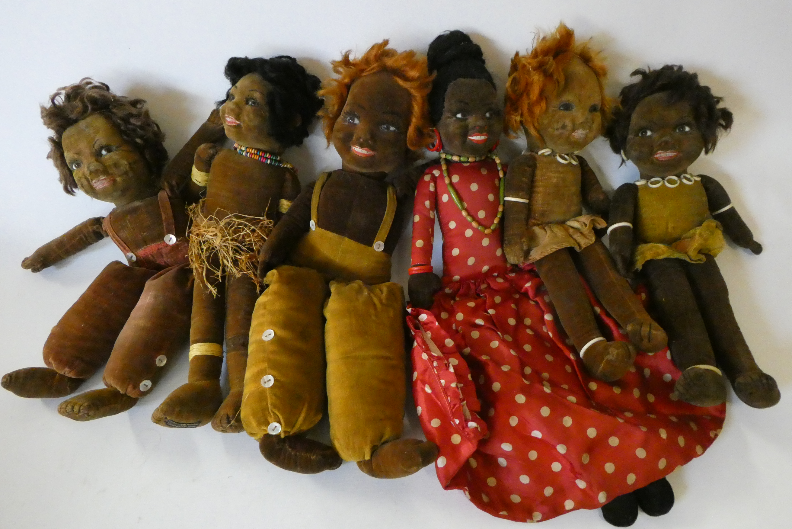 Six Norah Wellings girl dolls, all in original outfits, largest 16 1/2" long (Est. plus 24% premium Image