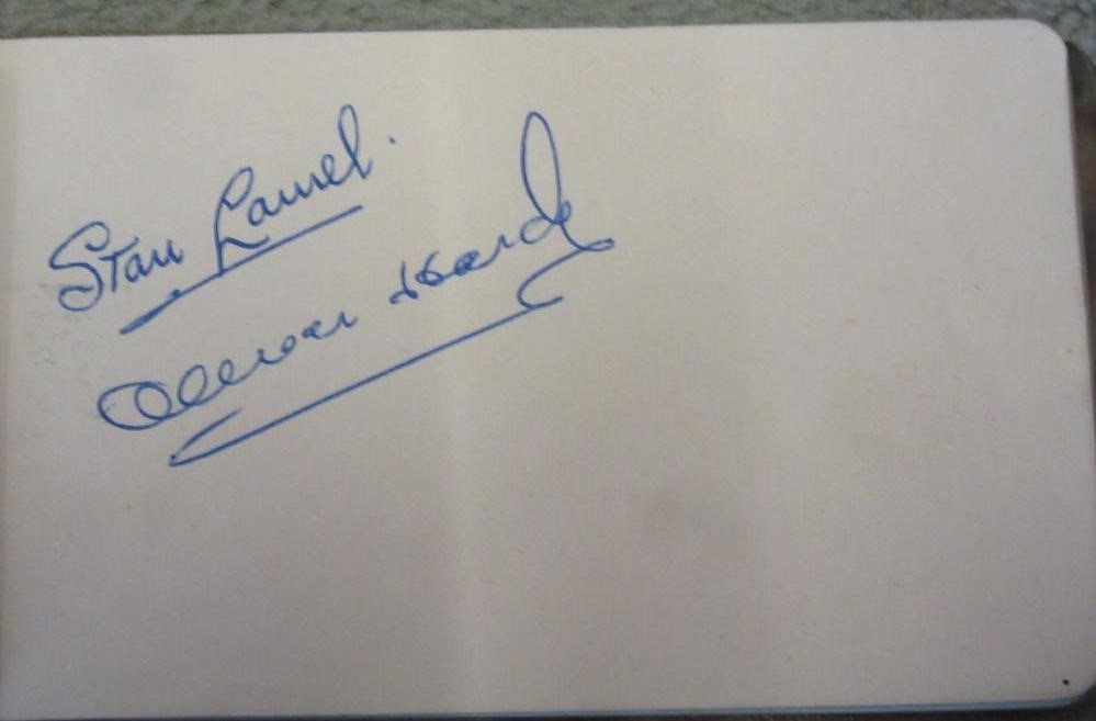 Stan Laurel and Oliver Hardy autographs in album also containing:- Wilfred Pickles Image