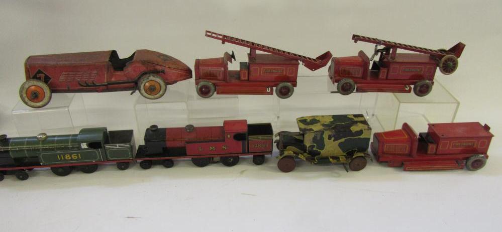Three Chad Valley tinplate fire engines (only two ladders) Image
