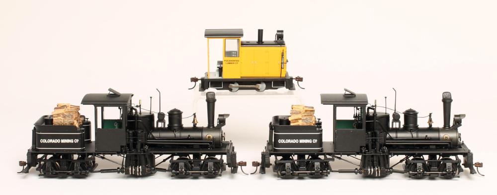 Three Bachmann O-N3 narrow gauge locomotives comprising two Shay locomotives and a 0-4-0 Diesel Image