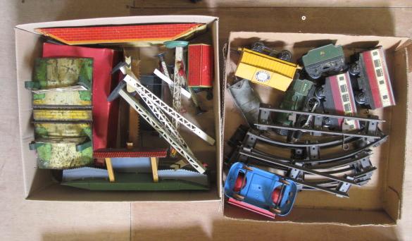 Playworn trains and accessories by Hornby including clockwork 0-4-0 locomotive Image