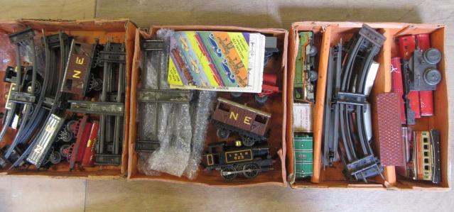 Playworn trains by Hornby including L.N.E.R. 0-4-0 tank locomotives Image