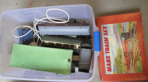 Playworn trains by Hornby and others including clockwork 0-6-0 tank locomotive Image