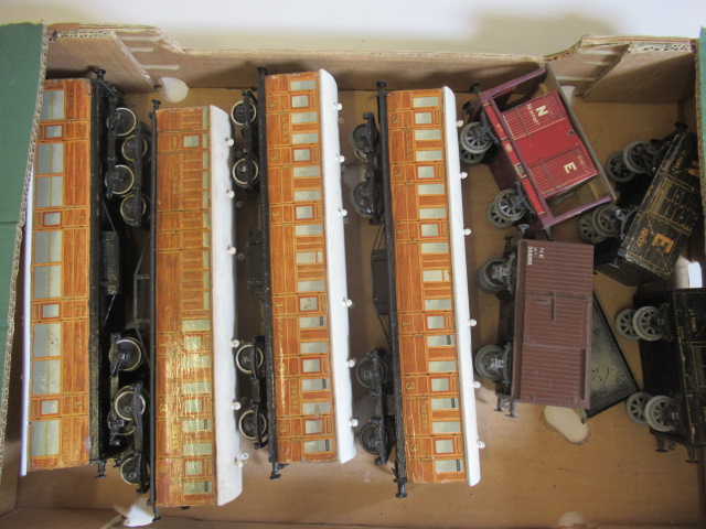 Four Leeds L.N.E.R. teak coaches and four goods wagons, F (Est. plus 24% premium inc. VAT) Image