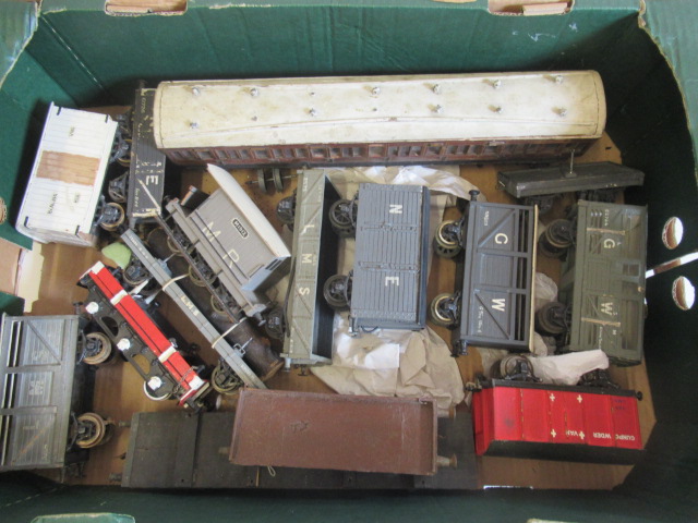 Wooden rolling stock by various makers including coal trucks, cattle vans and L.N.E.R. coach, F-P Image