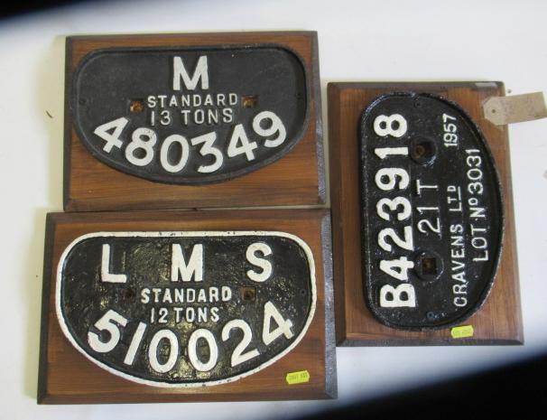 Three railway wagon plates comprising M13 Tons 480349, L.M.S. 12 Ton 510024 and Cravens 21T B423918, Image