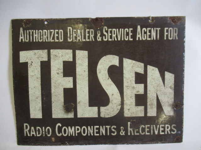 Enamel advertising sign for Telsen Radio Compartments, some chips and rust, 20" x 15", F (Est. plus Image